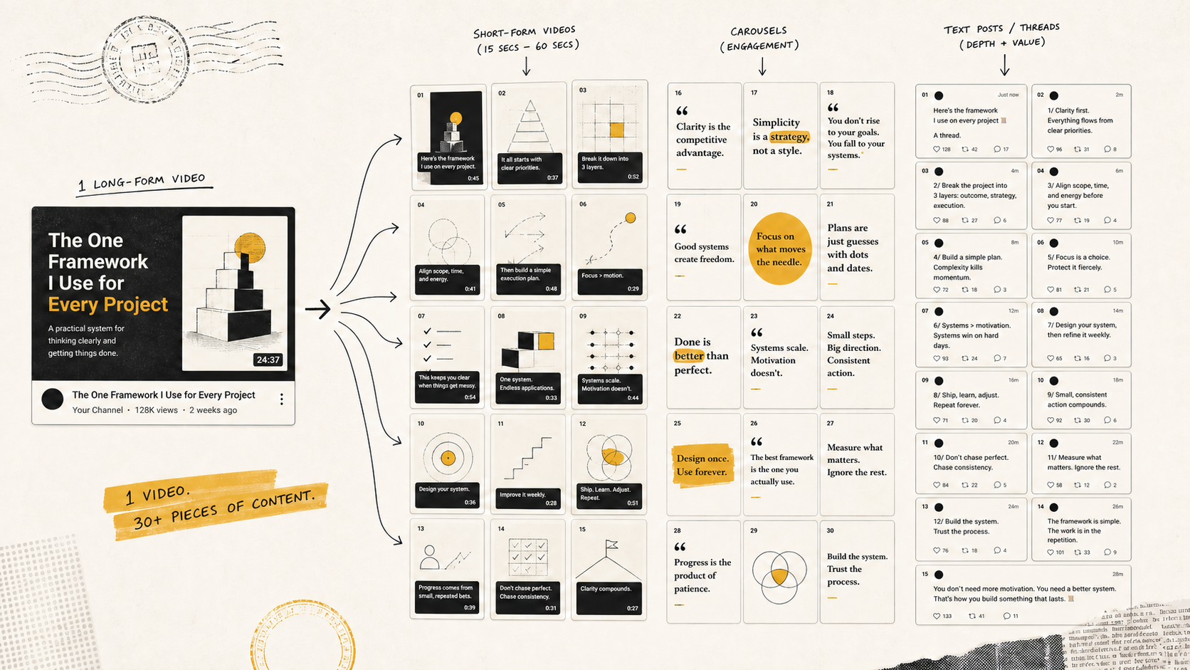 One video transforming into thirty pieces of platform-native content